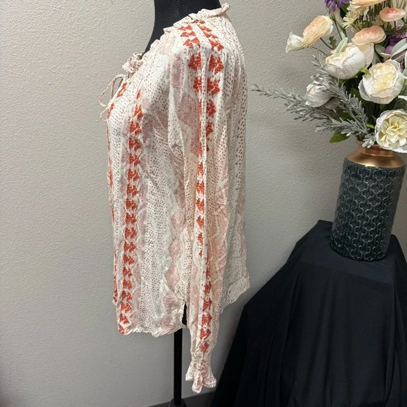 Savanna Jane Cream Rust Boho Peasant Blouse M Embroidered Print Fall Top - Picture 2 of 7